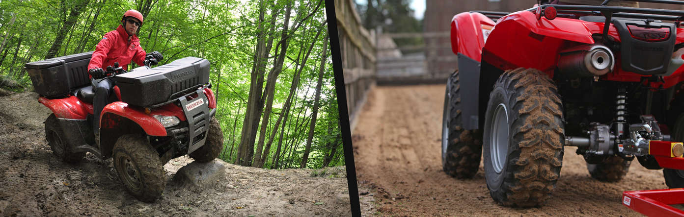 Left: Fourtrax 420 being used by model, forest location. Right: Close up of Fourtrax 420 rear.