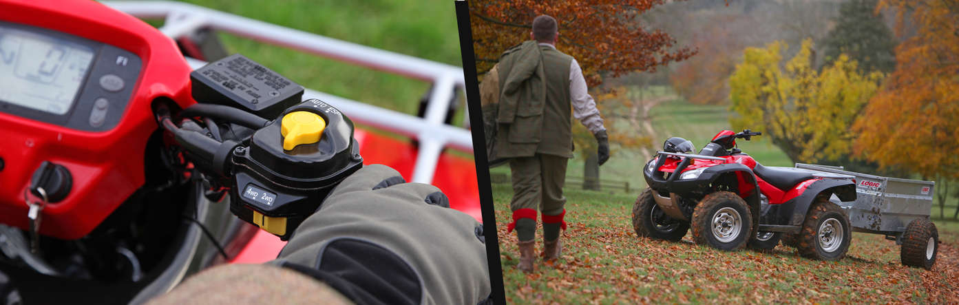 Left: Close up of ATV handle. Right: Rincon in field location.