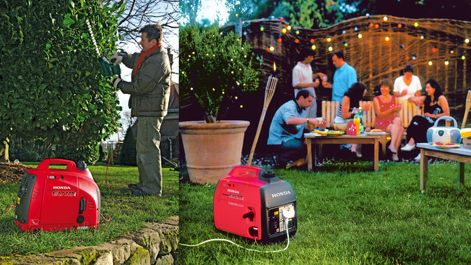 2x Honda Portables, being used by model, garden location.