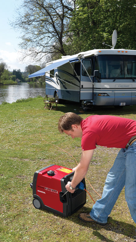 Portable being used by model, garden location.