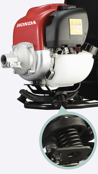 Honda Bacpack Brushcutters, close up of engine, focusing on anti-vibration frame.