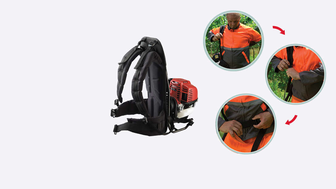 Left: side-on view of backpack, right: series of images showing backpack adjustment method.