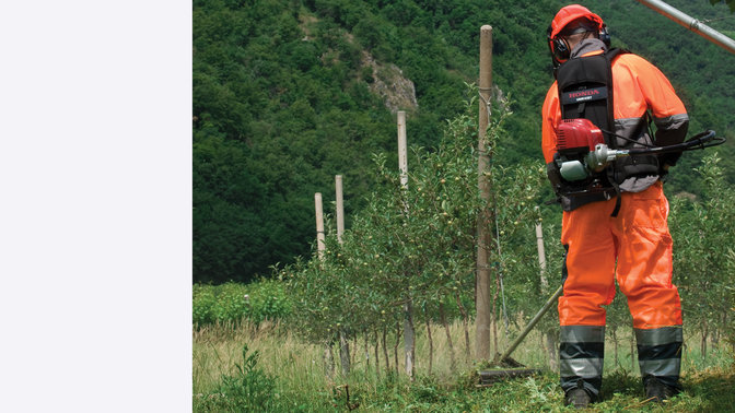 Honda backpack brushcutter, being used by model, exterior location.