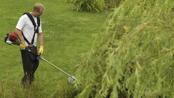 Brushcutter being used by model, garden location.