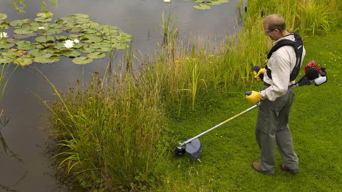 Brushcutter being used by model, garden location.