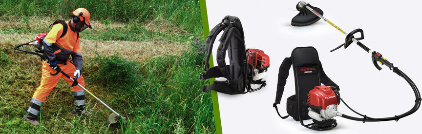 Left: Backpack brushcutter being used by model. Right: 2x Honda Backpack brushcutters.