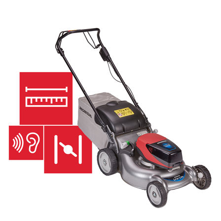 Honda cordless izy-On mower with specification illustration.