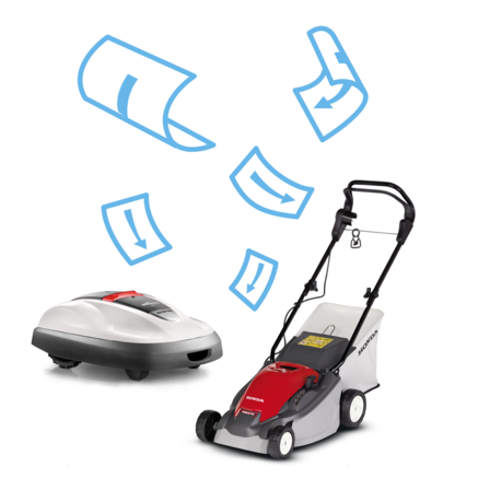 Left: Miimo Right: front-threequarter, left facing lawnmower, brochure illiustration.