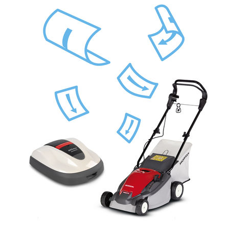 Left: Miimo Right: front-threequarter, left facing lawnmower, brochure illustration.