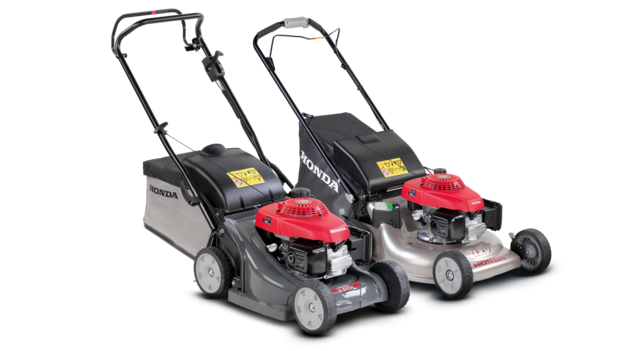 2x Honda lawnmowers, front three quarter, right facing.