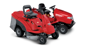 2x Honda Ride-on lawnmowers, front three quarter, right facing.