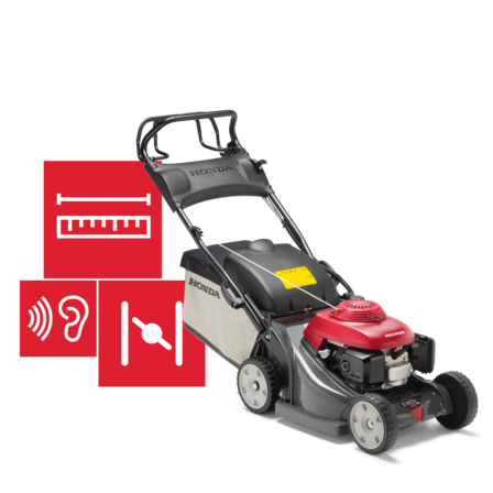 Front-threequarter, right facing lawnmower, specification illustration.