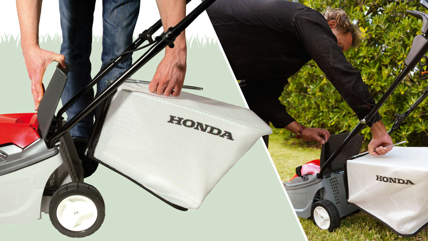 Honda HRE lawnmower, close up of grass bag, left facing, garden location.