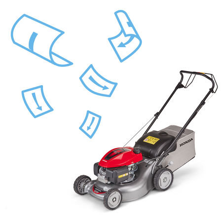 Left: Miimo Right: front-threequarter, left facing lawnmower, brochure illiustration.