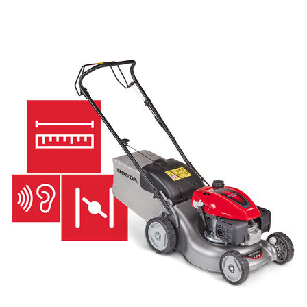 Front-threequarter, right facing lawnmower, specification illustration.