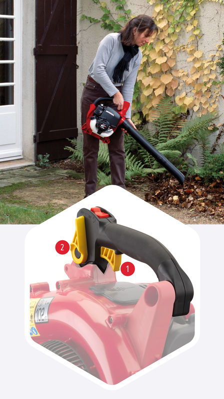 Top: Leafblower being used by model, garden location. Bottom: Close up of leafblower focusing on throttle lever and cruise control lever.