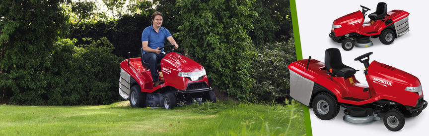 Left: Honda Ride-on mower, being used by model, garden location. Right: 2x Ride-on mowers.