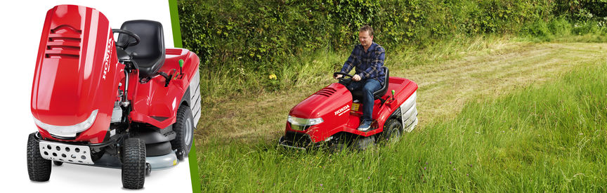 Left: Honda Ride-on mower front-threequarter, left facing. Right: Ride-on mower, being used by model, garden location.