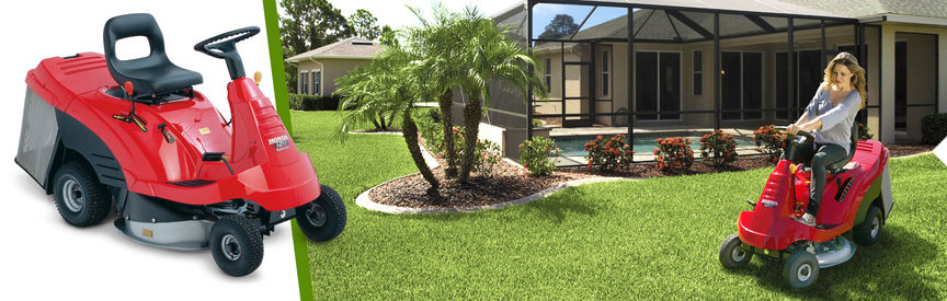 Left: Honda Ride-on mower, front-threequarter, right facing. Right: Ride-on mower, being used by model, garden location.