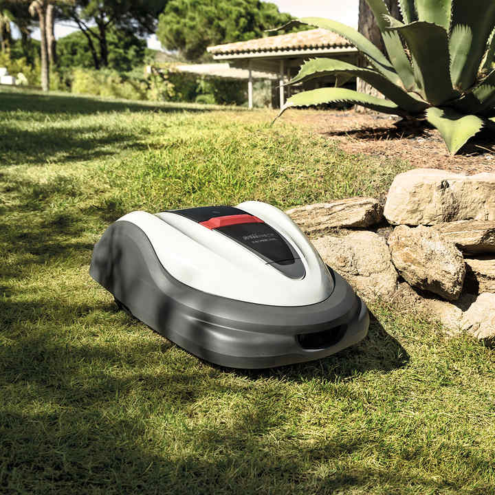 Miimo lawnmower in garden location.