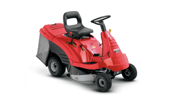 Ride-on mower, front three-quarter, right facing.
