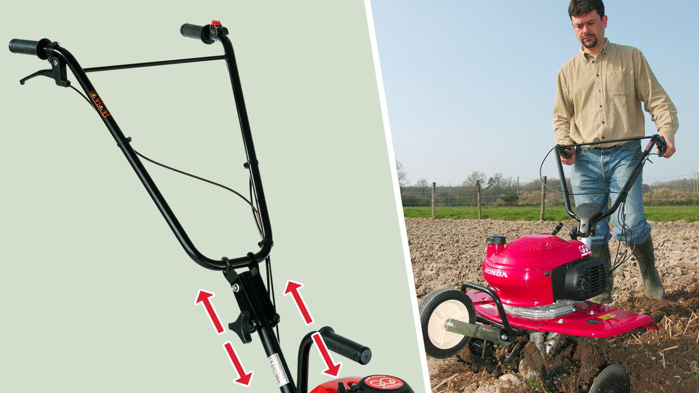 Left: Mini tiller focusing on height adjustable handle. Right: Mini tiller in use, garden location.