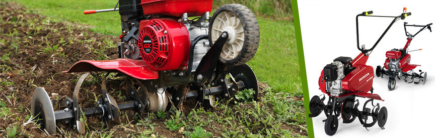 Left: Compact Tiller in use, garden location. Right: 2x Honda Compact Tillers.