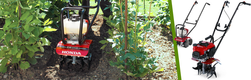 Left: Honda Micro Tiller in use, garden location. Right: 2x Micro Tillers, left facing.