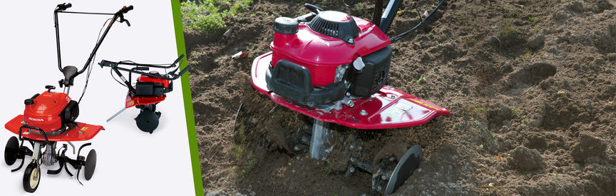 Left: 2x Honda Mini Tillers Right: Mini Tiller in use, garden location.