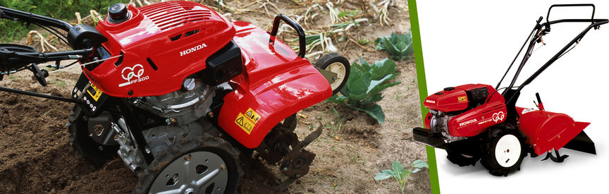 Left: Honda Rotary Tiller in use, garden location. Right: Rotary Tiller, left facing.