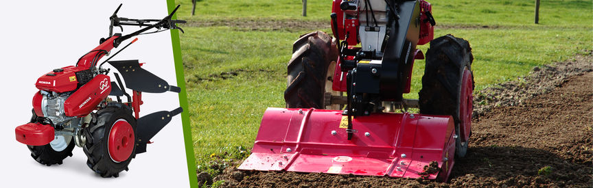 Left: Honda Versatile Tiller, left facing. Right: Versatile Tiller in use, garden location.