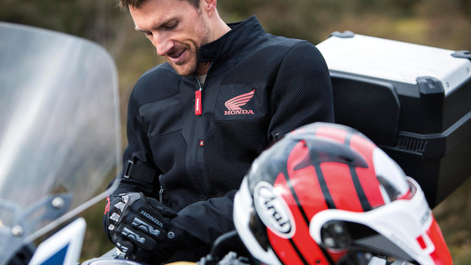 Close-up of man wearing black Honda Spidi Mesh Jacket