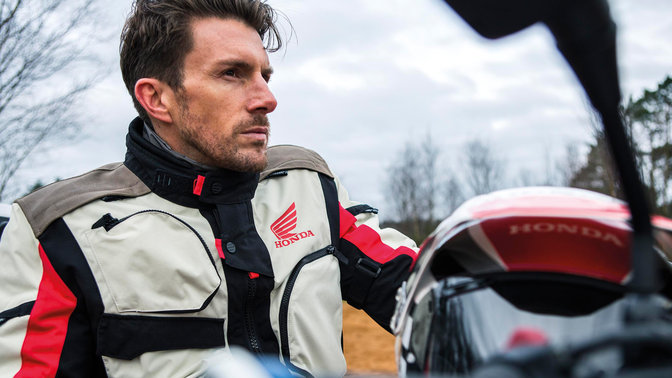 Close-up of man wearing ice Honda Spidi Adventure Jacket