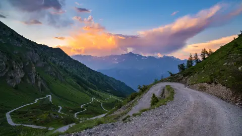 Road among Alps mountains, Klosters-Serneus, Davos, Graubuenden Switzerland