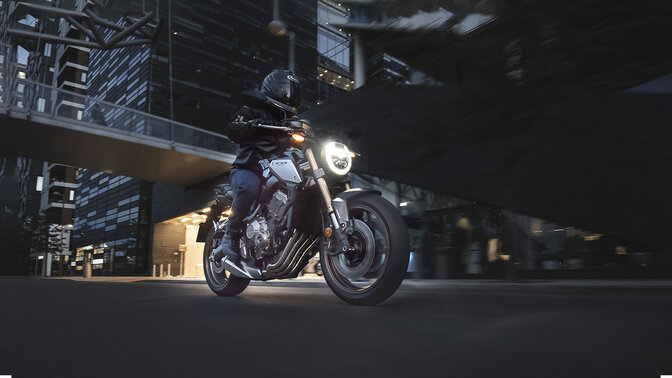 Honda CB650R right front 3/4 on road