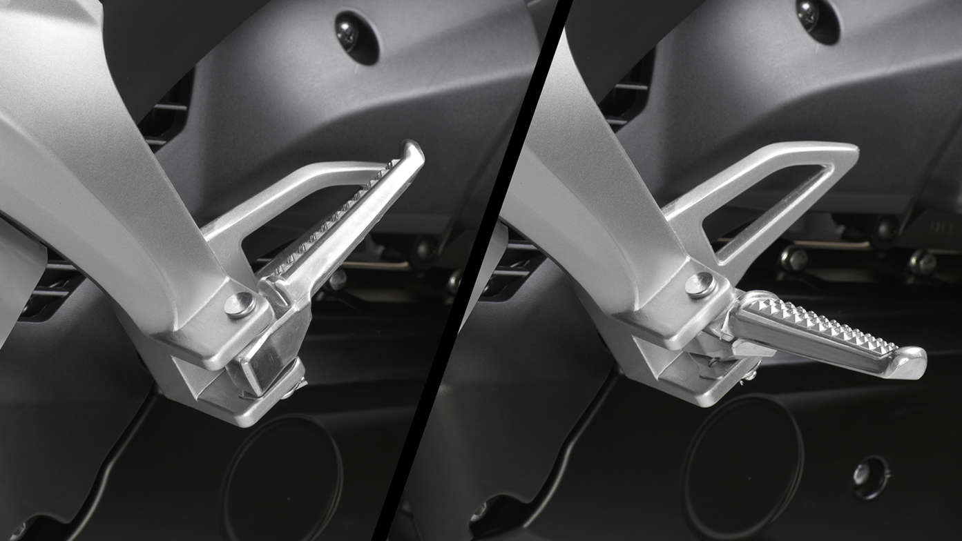 Close-up of retractable footpegs.