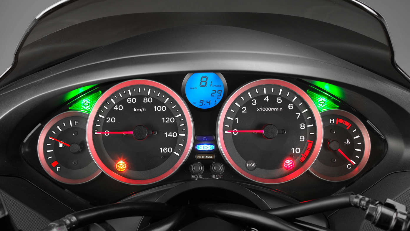 Close-up of instrument panel.