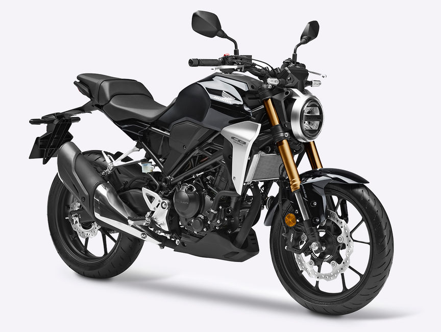 Front three-quarter facing Honda CB300R with accessories.