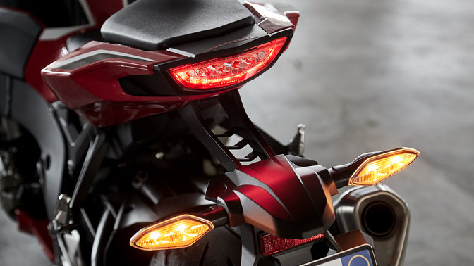 Close up of Honda CBR1000RR Fireblade LED lights and indicators.