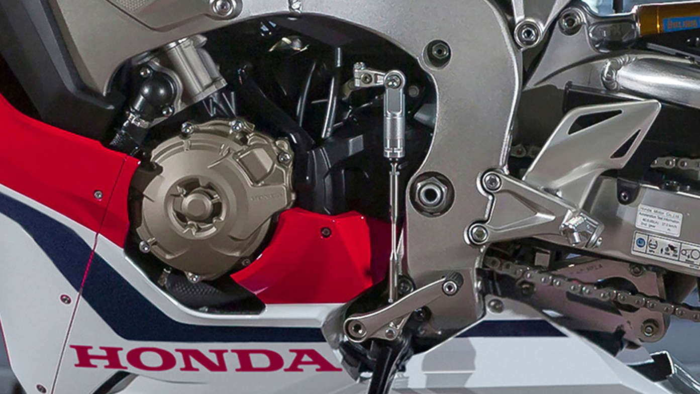 Close up shot of Honda Fireblade gear shifter.