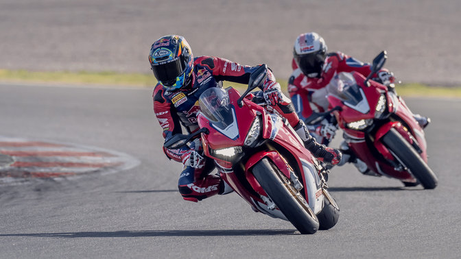 Sideview Honda Fireblade on race track.
