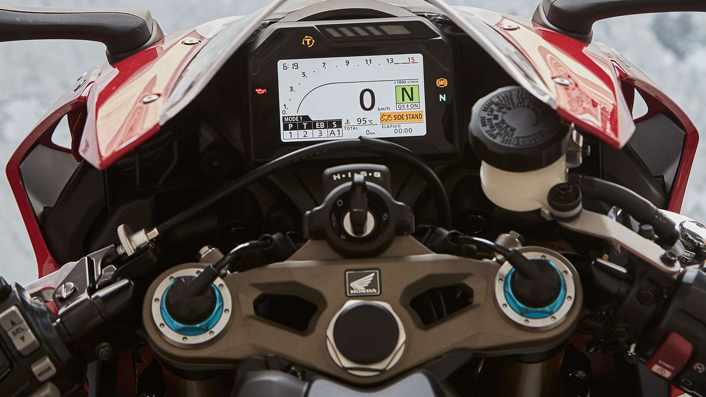 Close up of Honda Fireblade Electronic Steering Damper. 