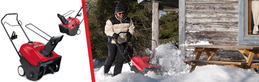 Left: 2x Single stage snowthowers. Right: Single stage snowthrower, being used by model, garden location.
