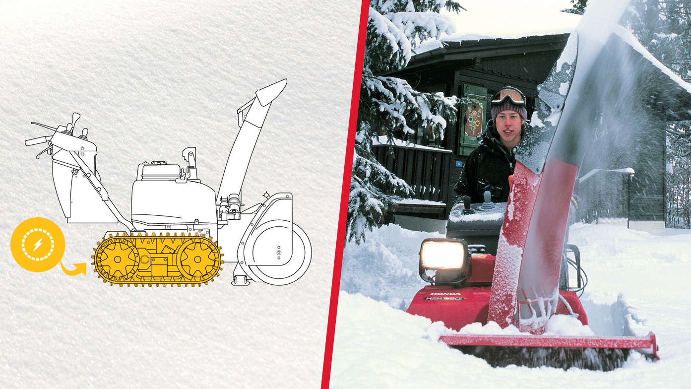 Left: Illustration of Hybrid, focusing on battery-powered track drive. Right: Hybrid being used by model.