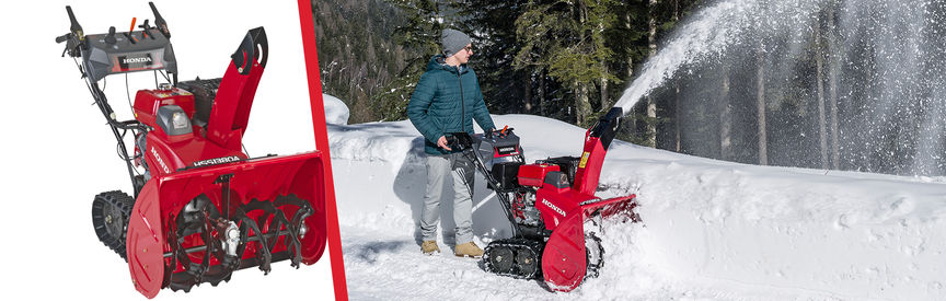 Left: 13 Series snowthrower, front three quarter, right facing. Right: 13 Series snowthrower being used by model, garden location.
