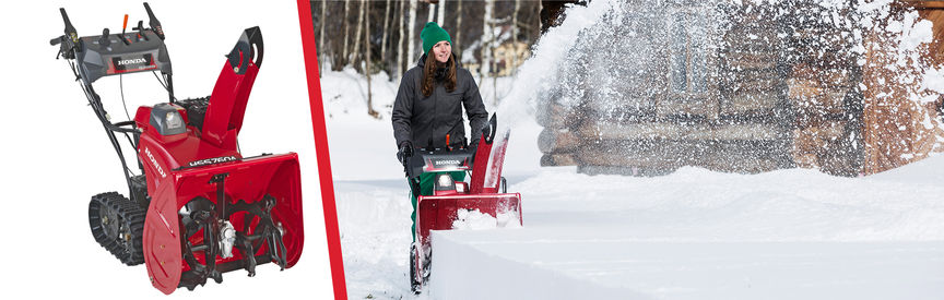 Left: 7 Series snowthrower. Right: 7 Series snowthrower, being used by model, garden location.