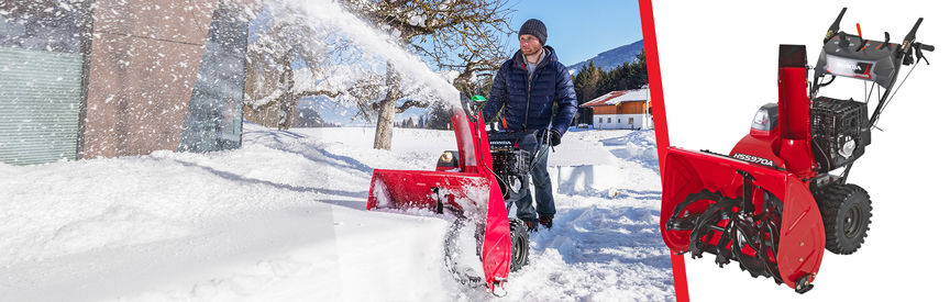Left: 9 Series snowthrower being used by model, garden location. Right: 9 Series snowthrower, front three quarter, left facing.