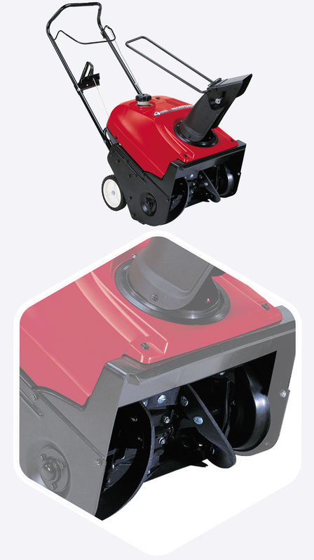 Single-stage snowthrower, with close up of rubber auger.